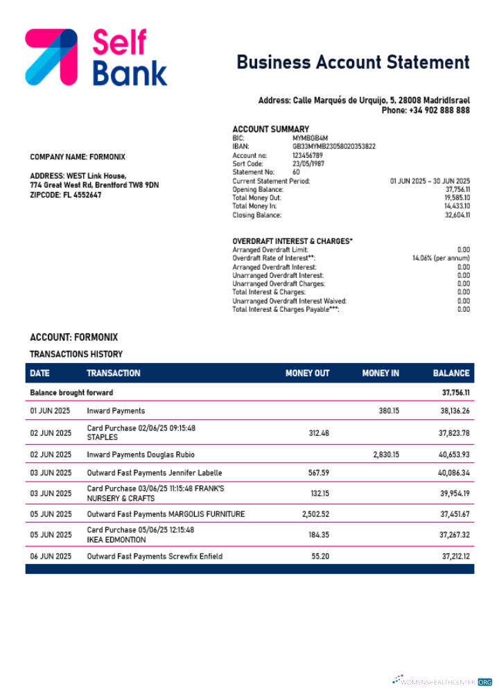Download Spain Self Bank enterprise account statement Word and PDF template Photoshop template